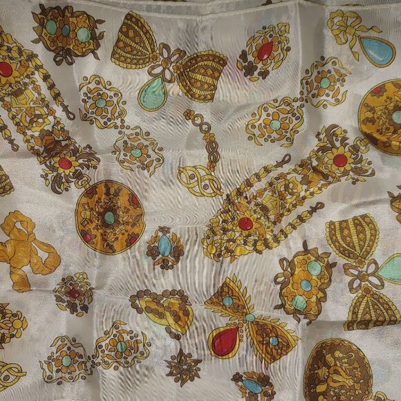 Vintage Jacqueline Ferrar Scarf Jewel Bow Print 50s Style 52 by 10 Silk Blend - Picture 6 of 8